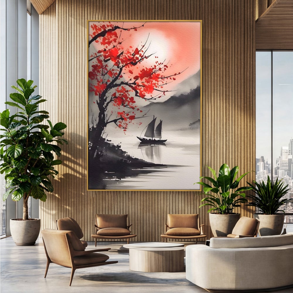 Tablou canvas cu tablou canvas cu barca si copac rosu, in rama de aluminiu auriu, pe perete intr-un birou